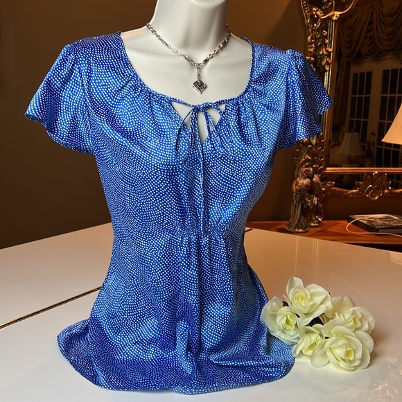 💙BANANA REPUBLIC BLUE & WHITE RUFFLE SHORT SLEEVE TOP SIZE SMALL💙 - Picture 3 of 14